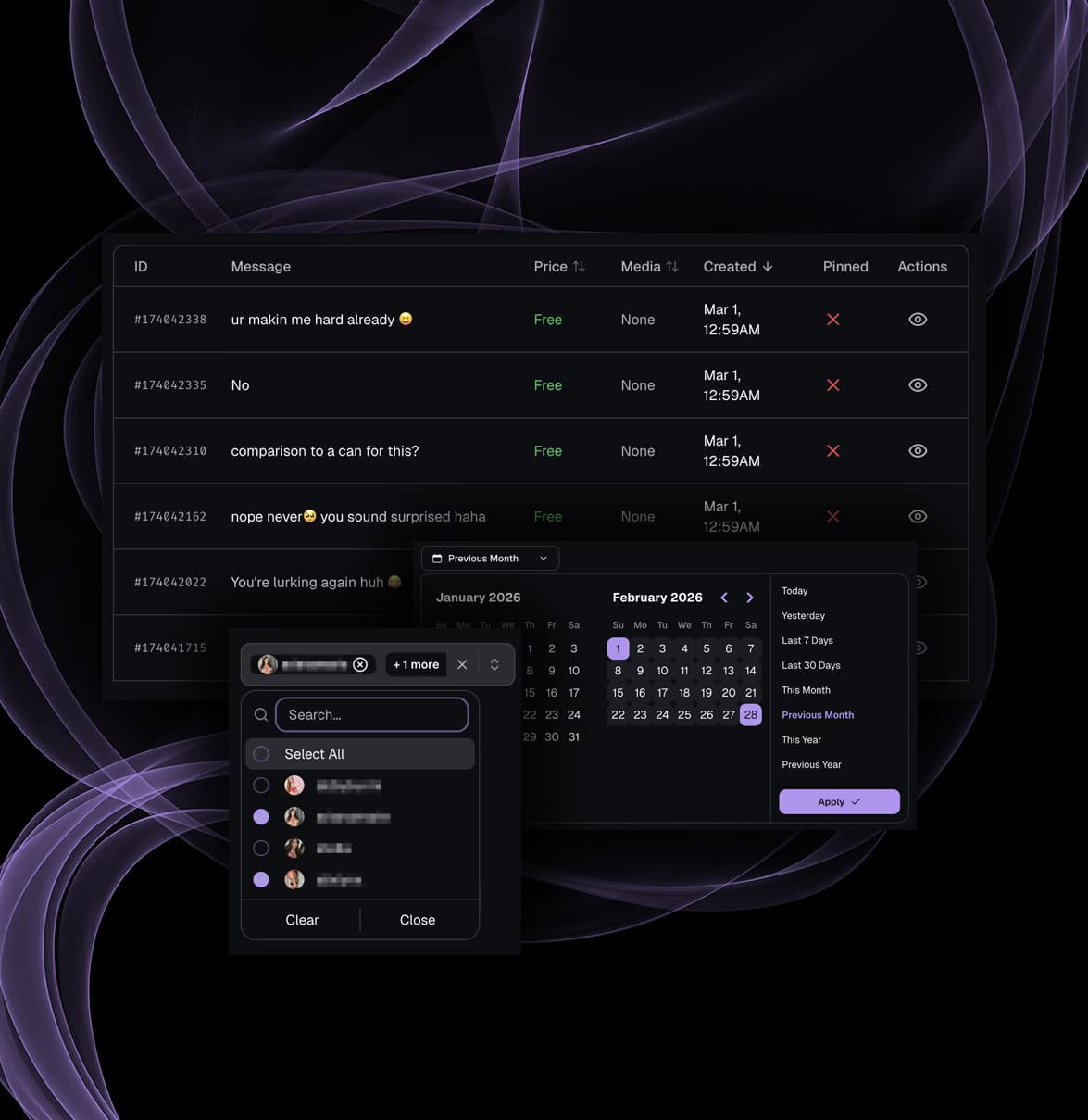 Chat analytics filters with creator selector fan picker and date range controls