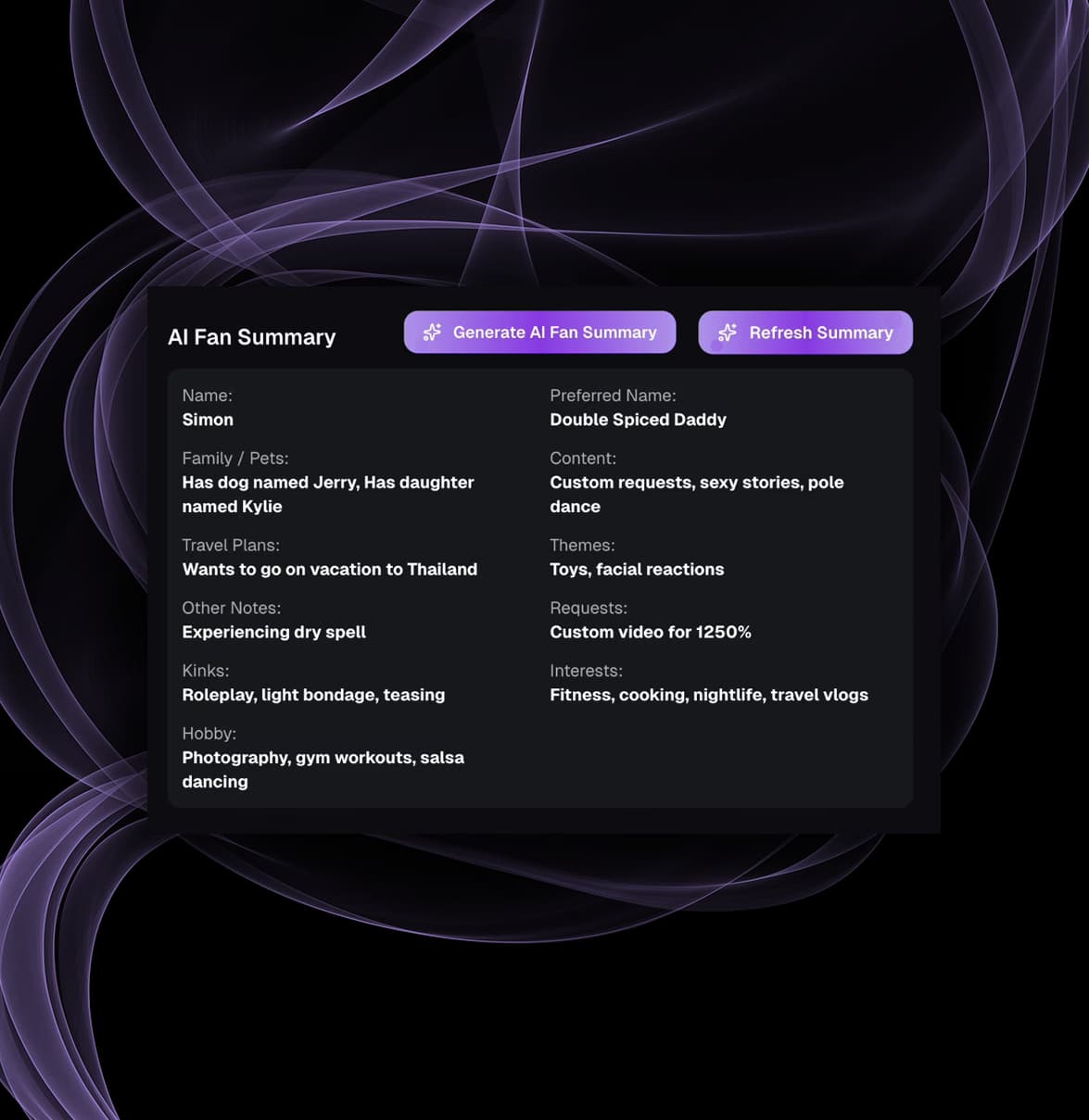 AI-generated fan profile summary for OnlyFans