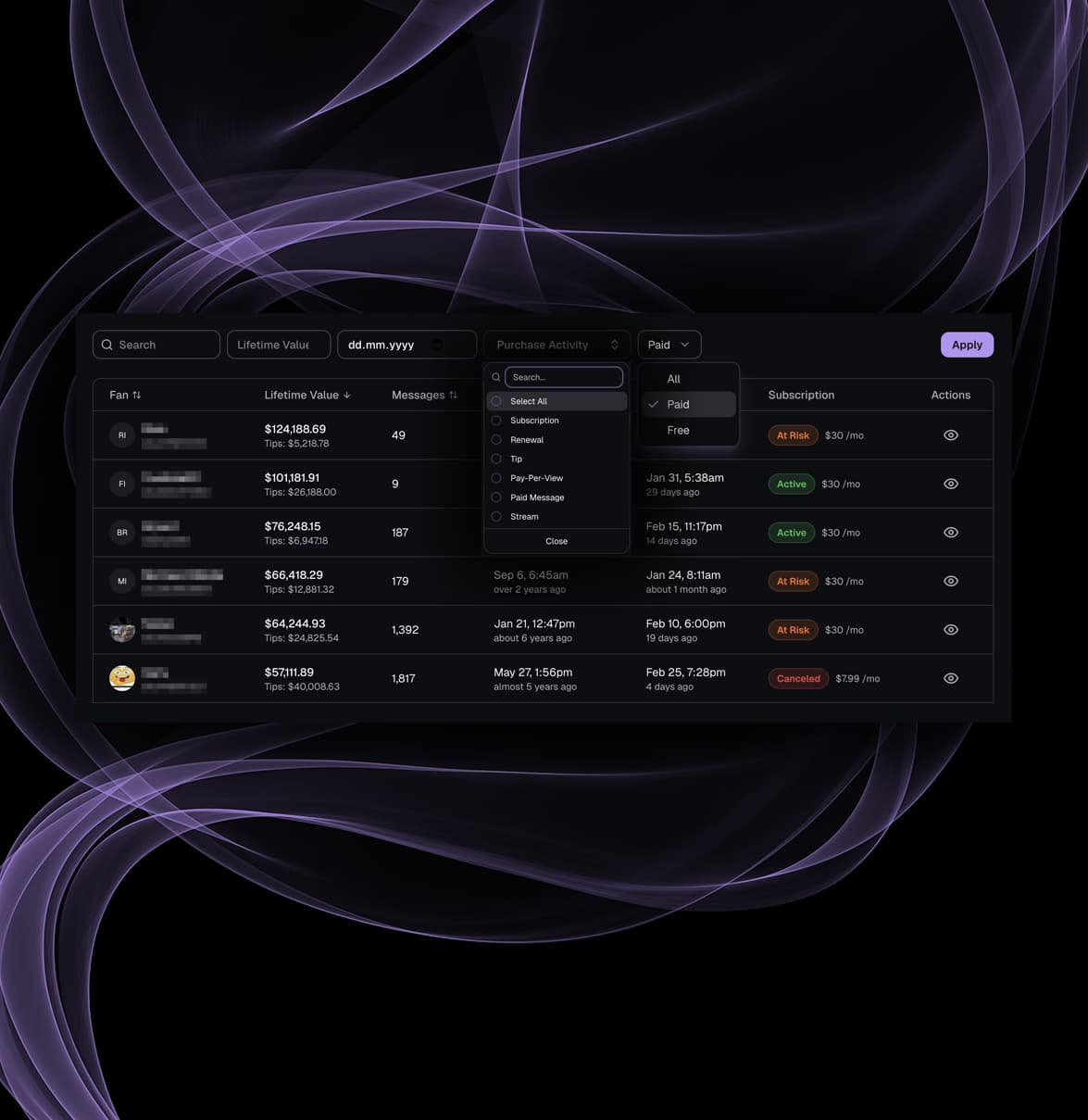 OnlyFans fan filtering and search interface