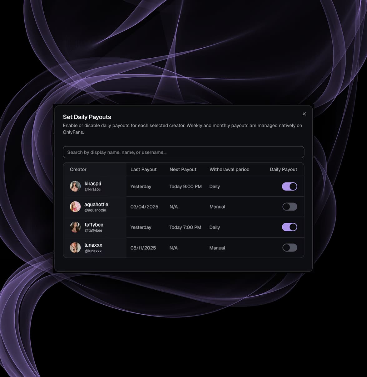 Per-creator daily payout automation controls for selected OnlyFans creators