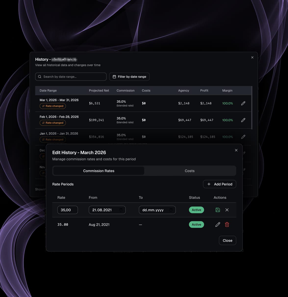 Month-by-month financial history and cost snapshot for OnlyFans creator profitability