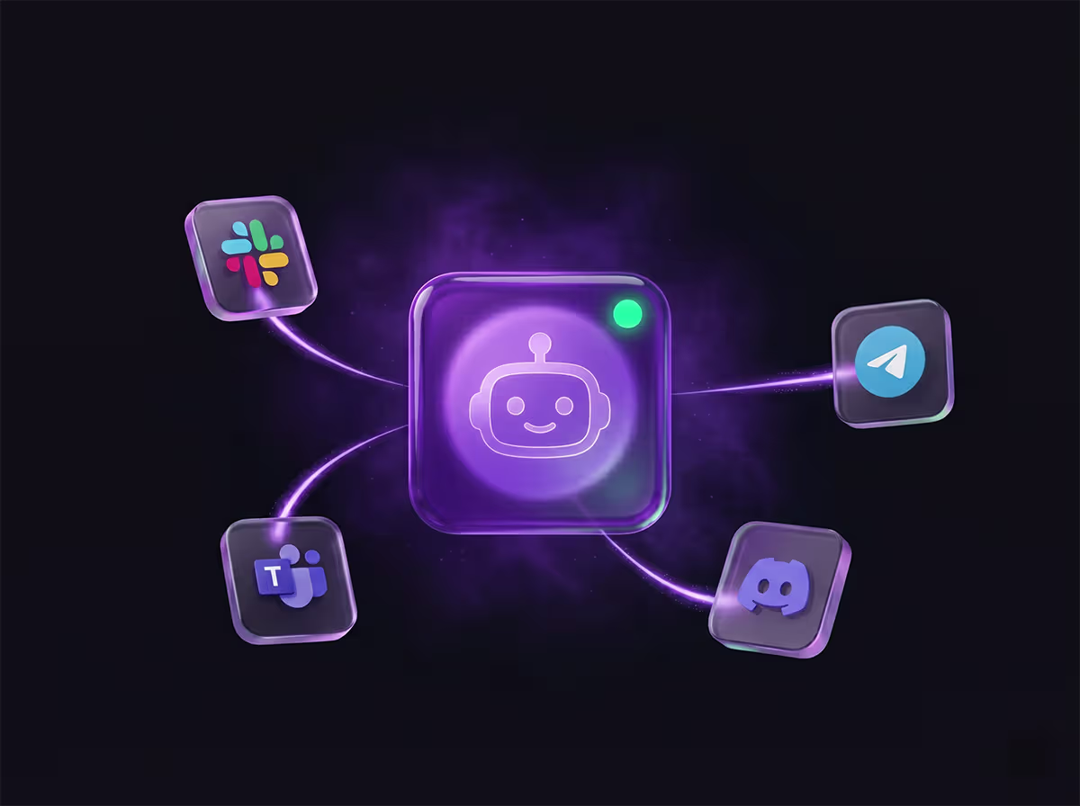 FansBot at the center of the agency stack — connected to Slack, Telegram, Discord, and Microsoft Teams