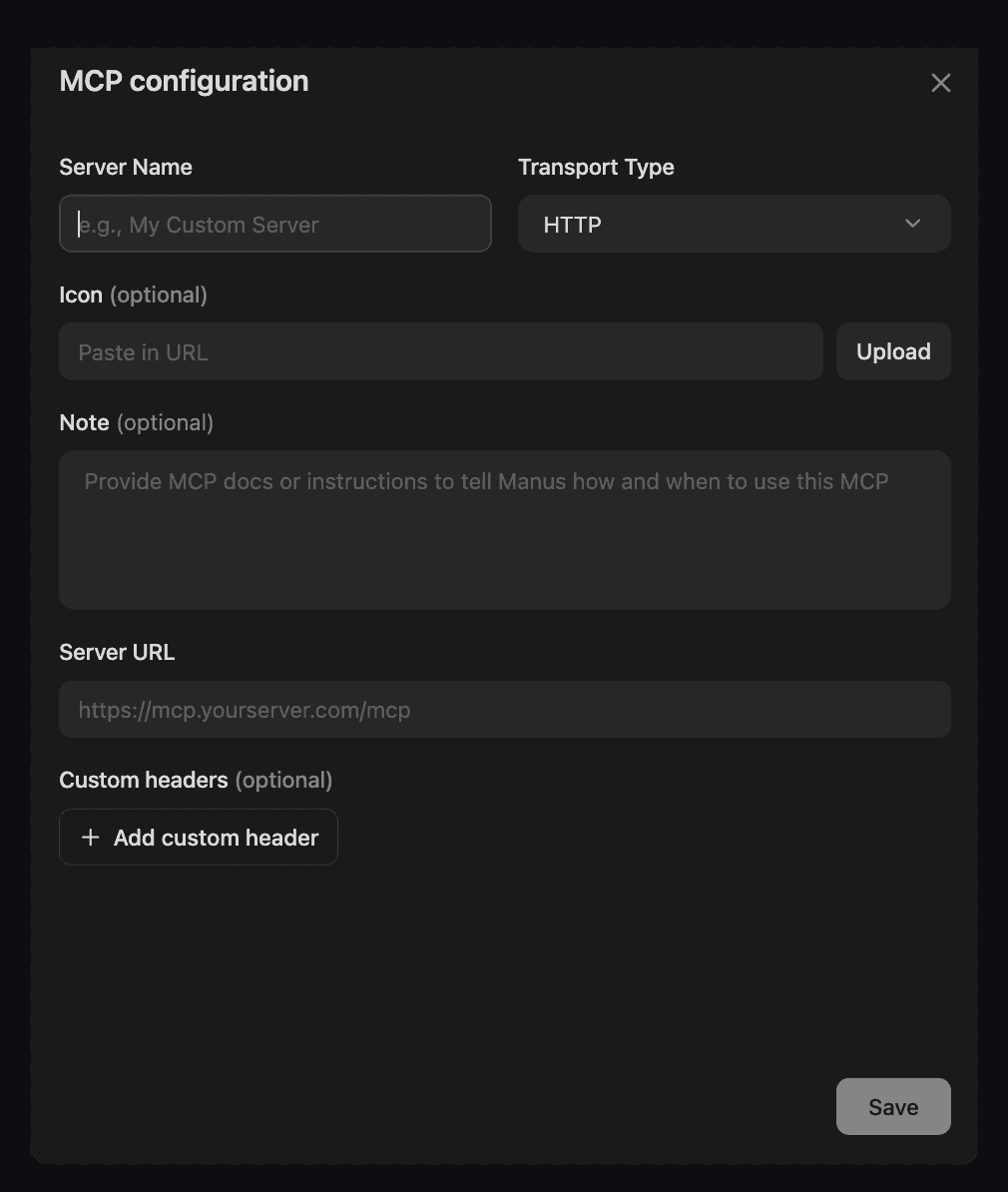 Manus MCP configuration modal: Server Name, Transport HTTP, Server URL, optional Note, Save