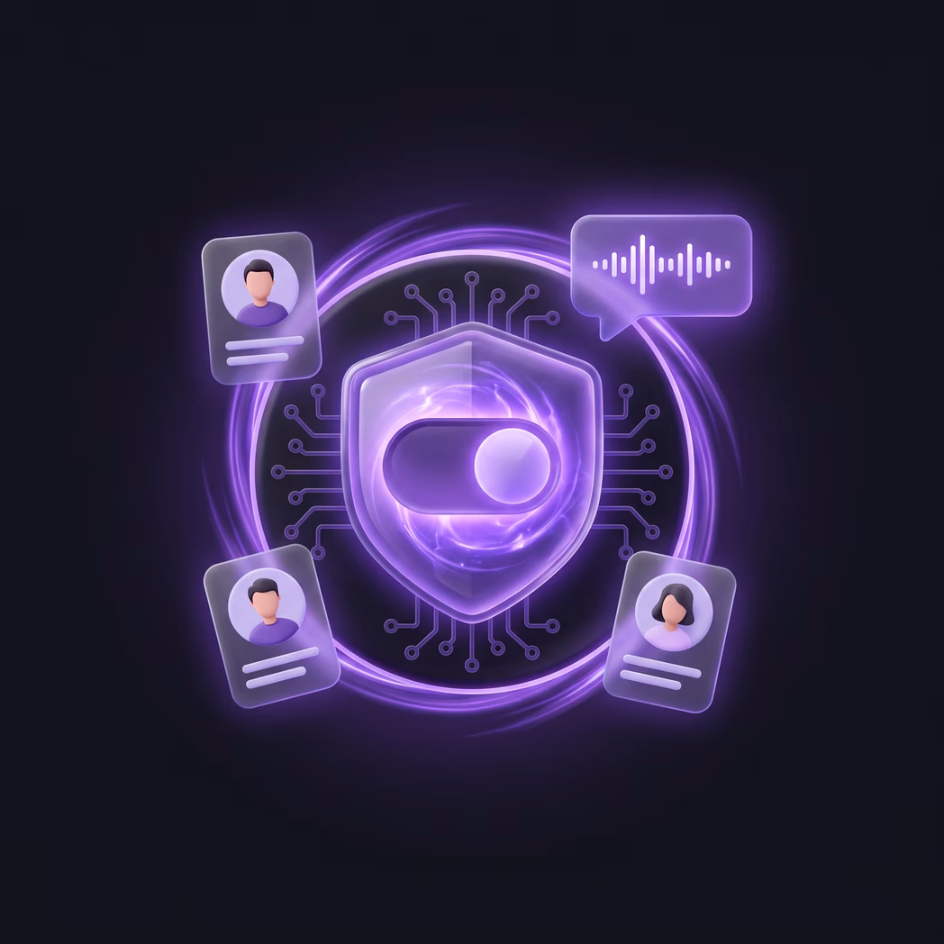 OnlyFans automation on autopilot — fan profiles and an AI voice note orbiting a glowing toggle emblem