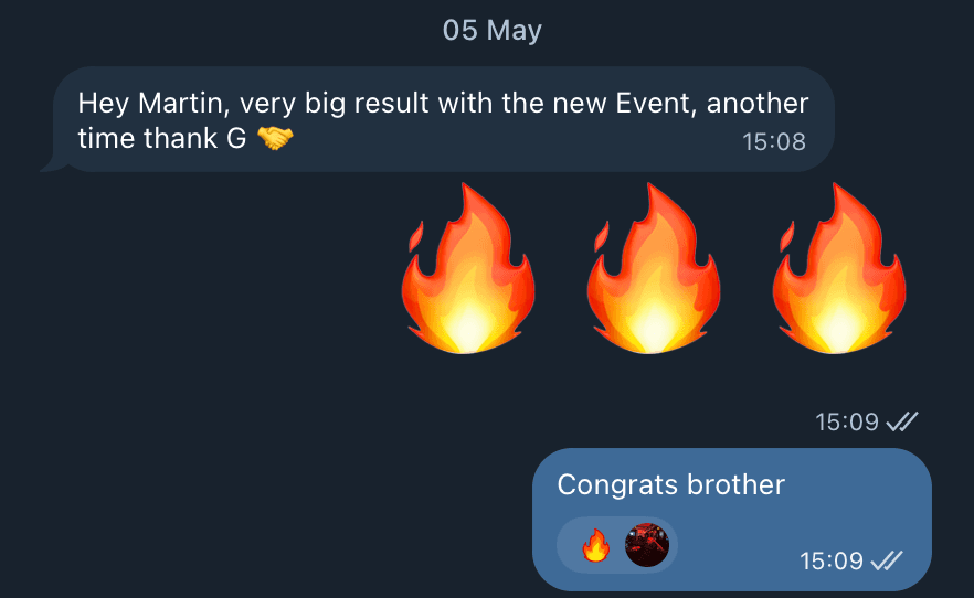 Telegram screenshot: customer writes about a very big result with the new event