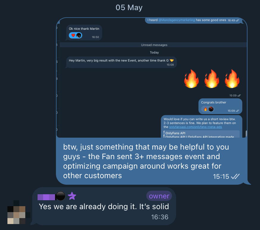 Telegram screenshot: full thread including big results with the new event, review request for onlyfans-meta-ads, Fan sent 3+ messages tip, and owner reply it is solid