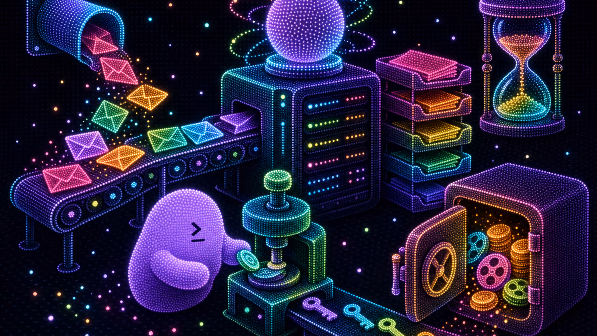 Envelopes flow from a chute onto a conveyor into a server rack topped by a glowing compute orb, queued job trays, an hourglass delay, a stamper making unique ke