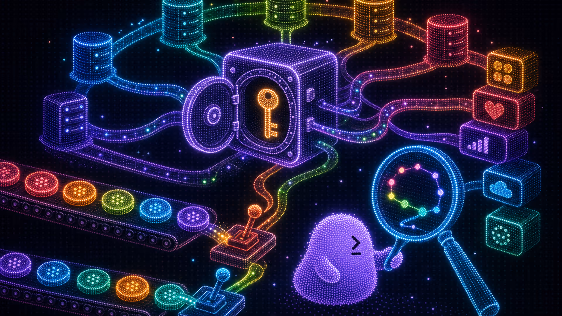 Secure vault with a glowing key connects via translucent conduits to server nodes and app boxes; conveyor belts move token disks to trigger switches while a len