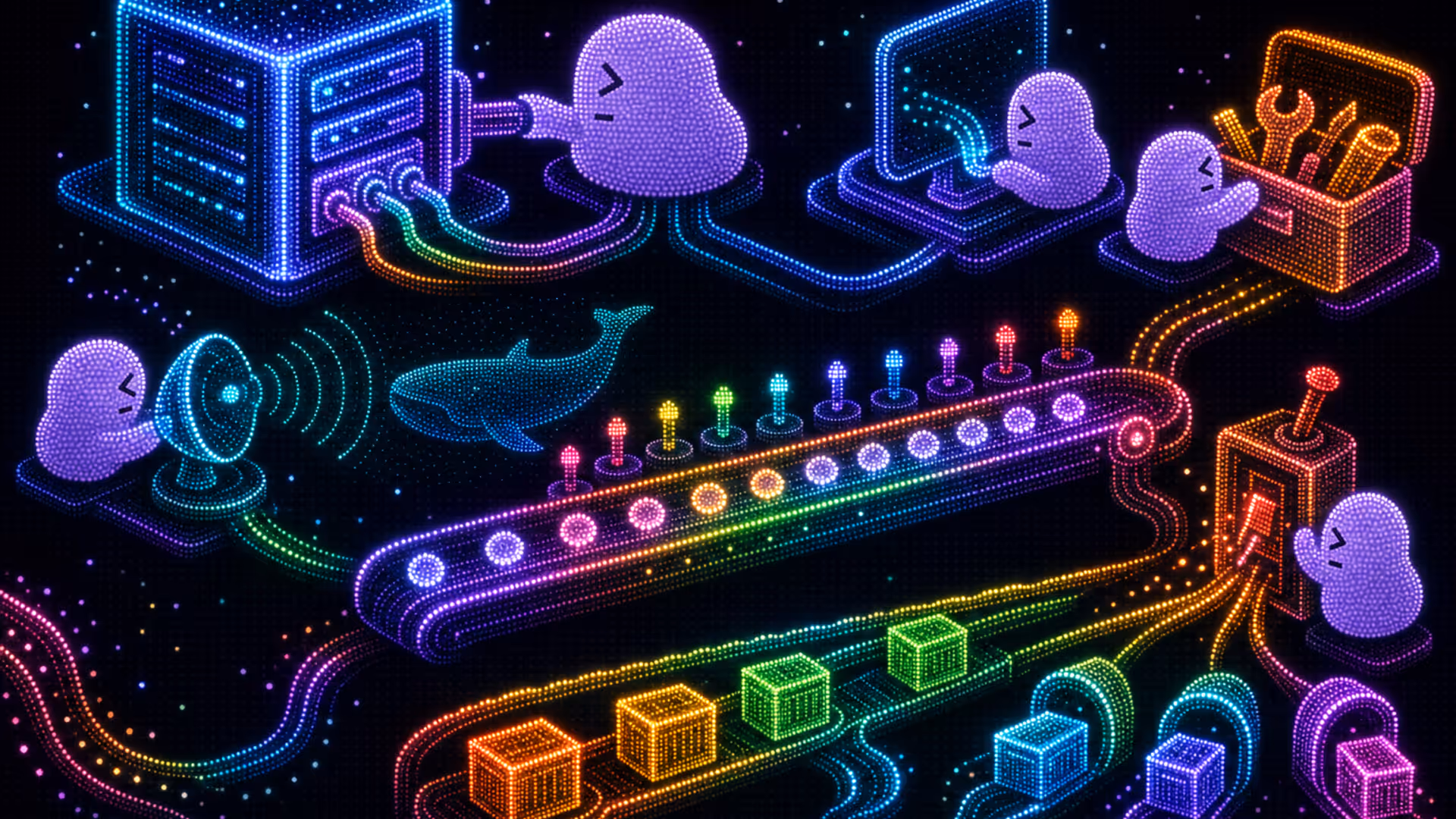 Glass Docs server cube connects to a terminal and toolbox; sonar detects a whale silhouette; a rapid conveyor sends glowing link tokens past beacons while a bre