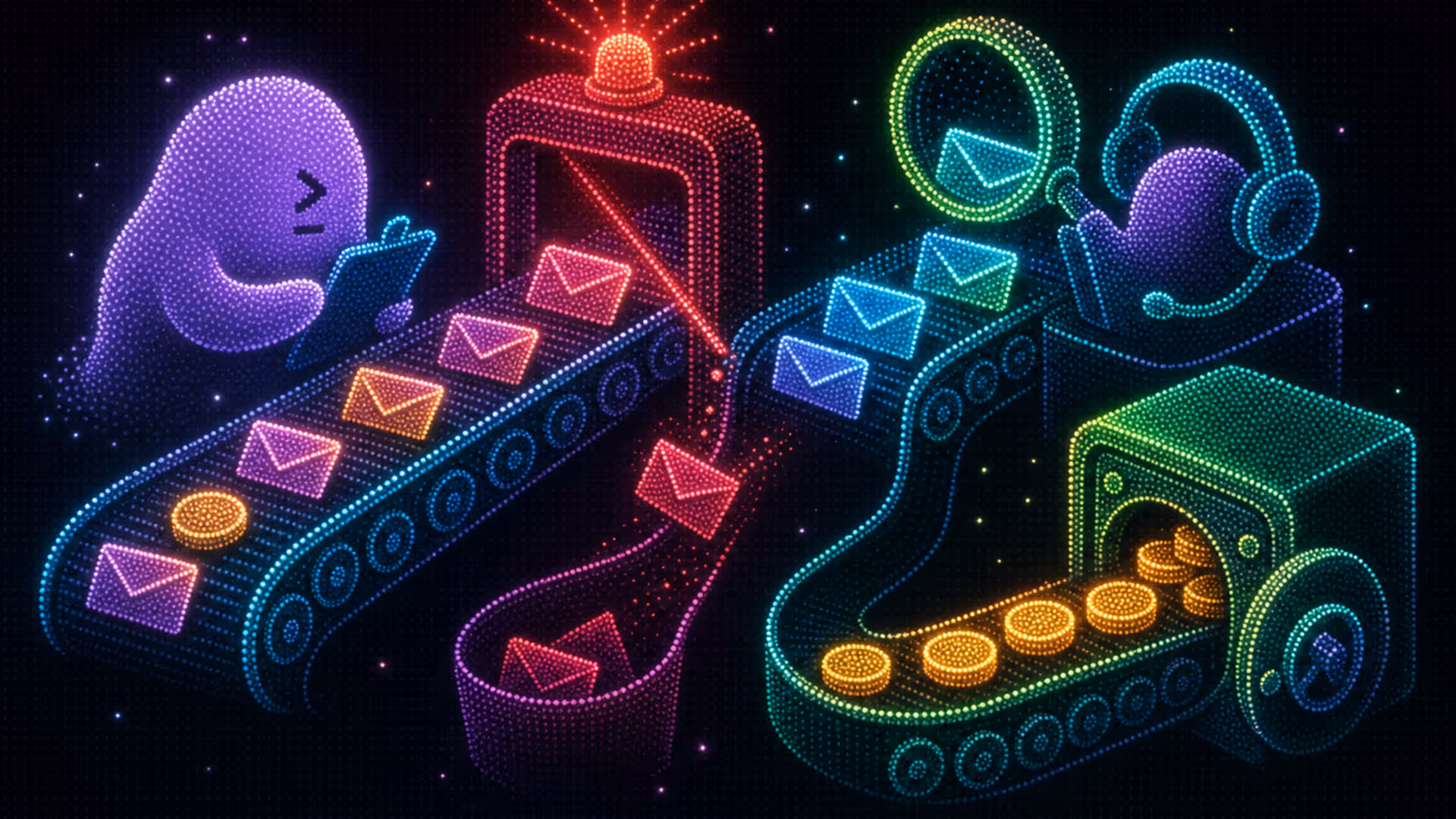 Conveyor moves envelopes and coins into two lanes: a flashing scanner rejects some, while a magnifying glass and headset audit messages and a vault stores coins