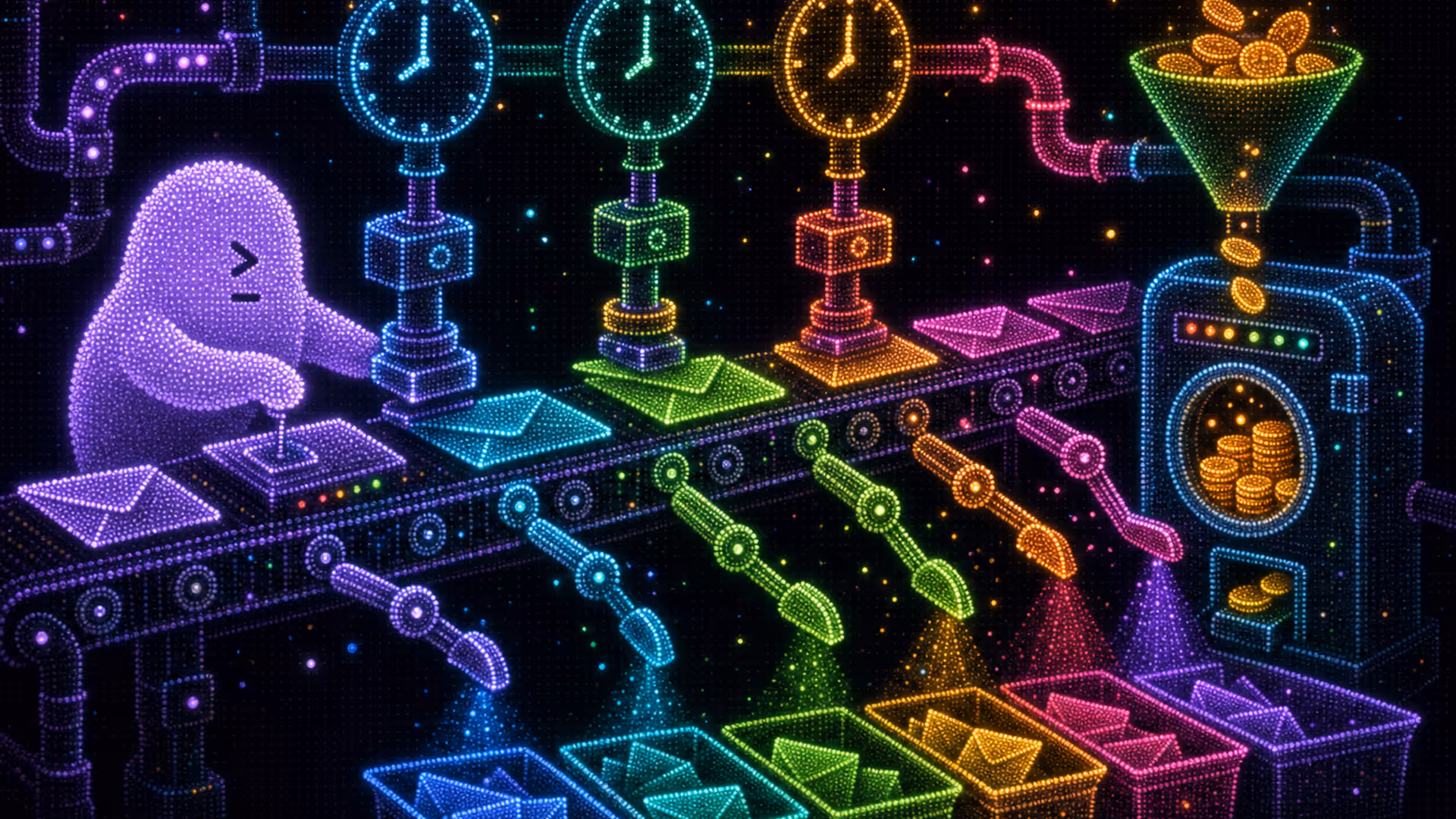 Conveyor moves envelopes under clocks and stampers; sensors activate coin funnels dropping tokens into a counting vault while diverters sort envelopes under col