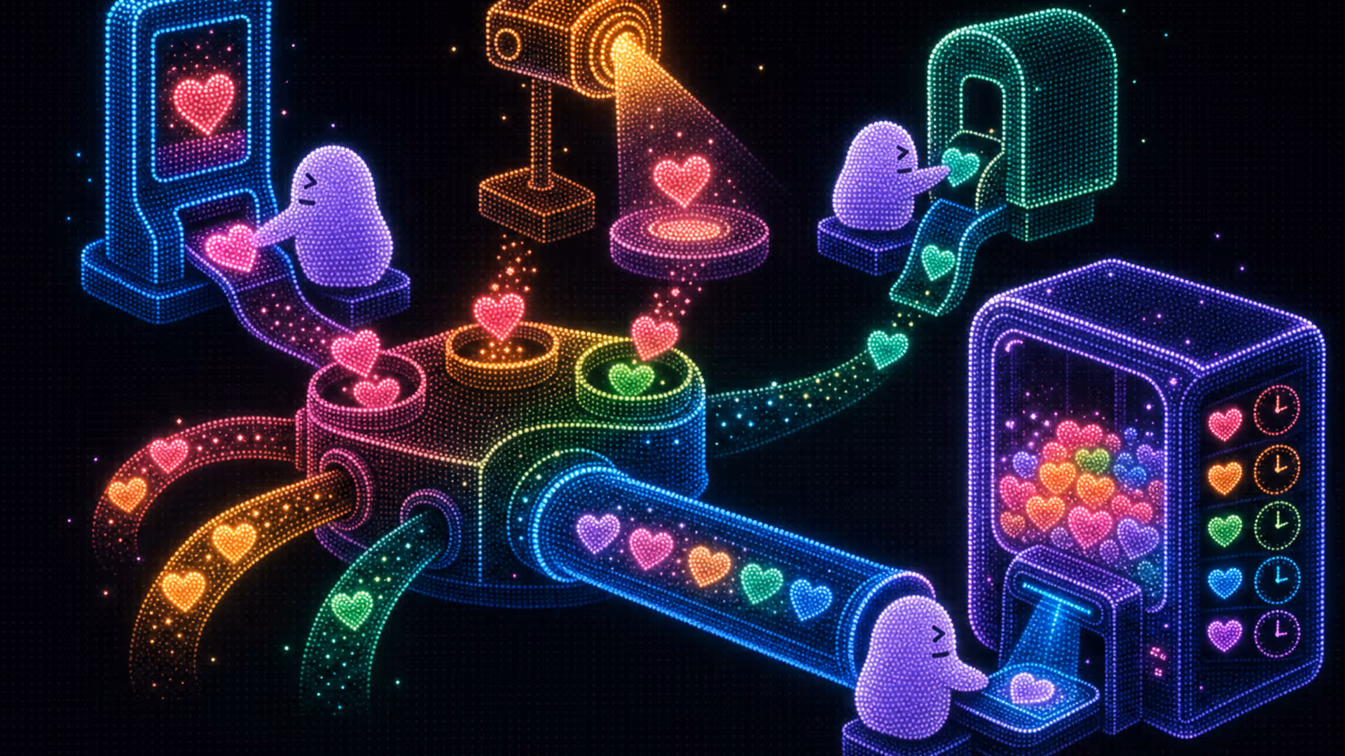 Three content devices feed glowing heart tokens onto a link hub that funnels them through a screened conduit into a clear vault with mechanical counters and a s