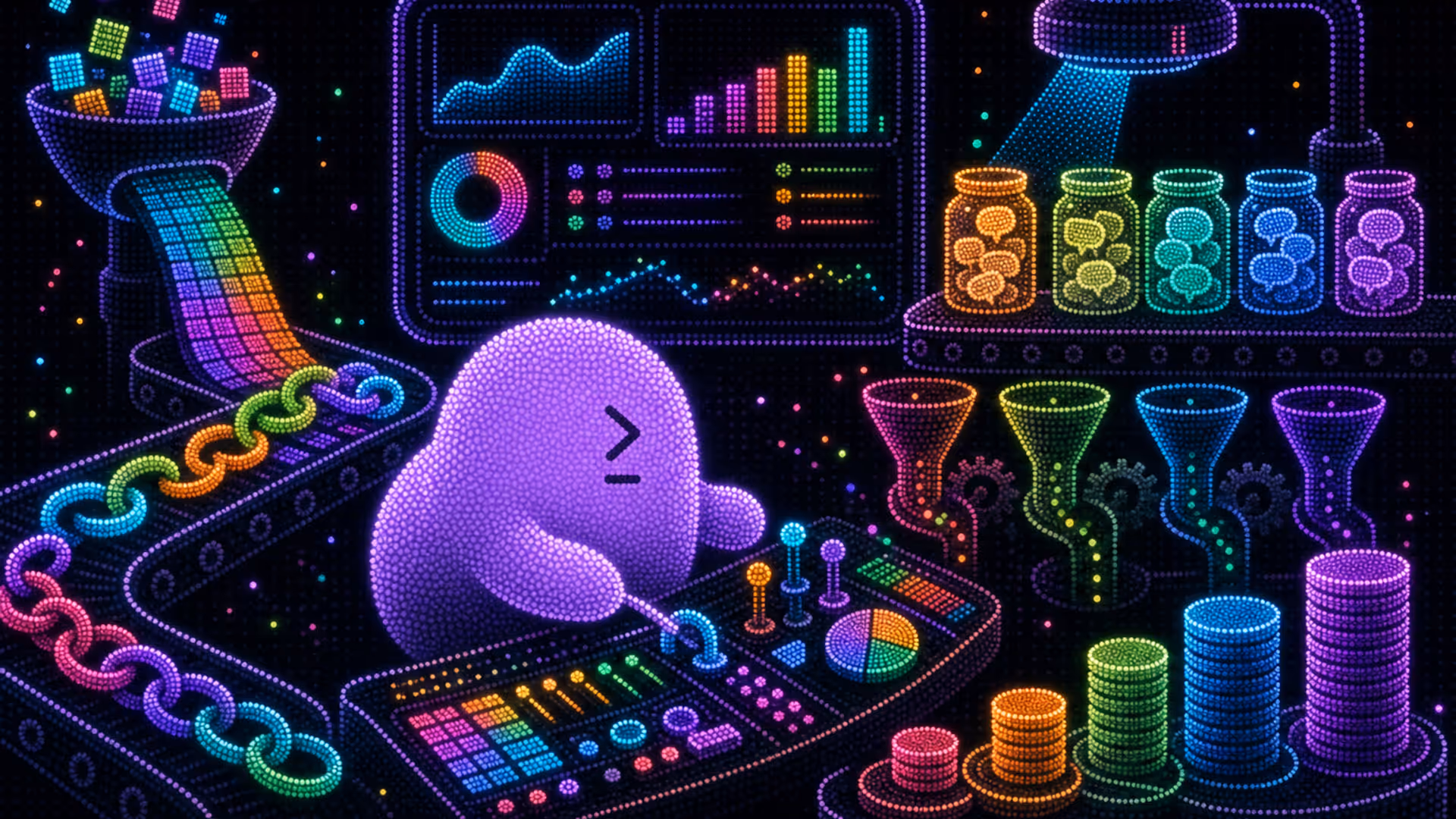 Control desk with conveyors moving linked-ring tokens and pixel tiles into an analytics dashboard; a scanner inspects jars of chat-bubble slips while funnels an