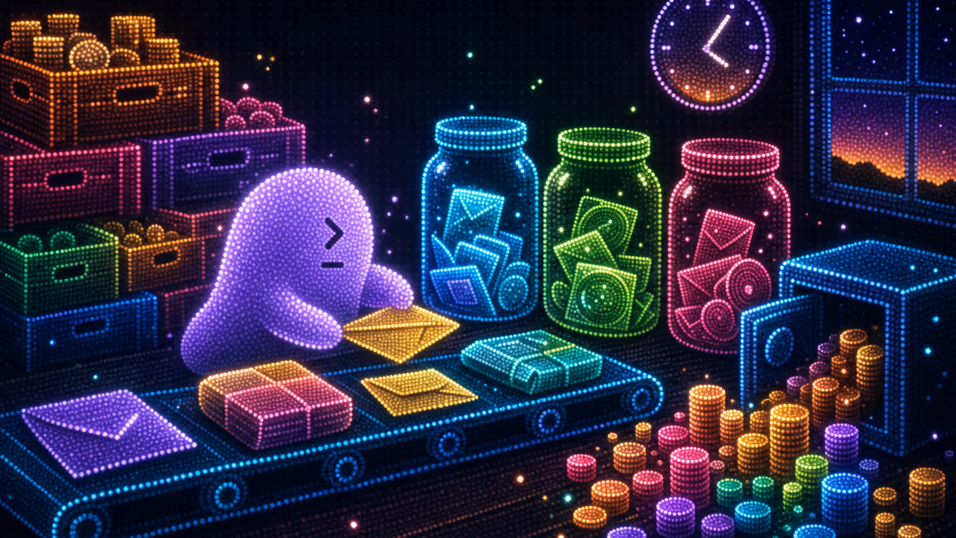 Conveyor sends sealed envelopes and media to three color-coded jars, stacked price crates, a coin vault spilling varied coin piles, and an evening wall clock.