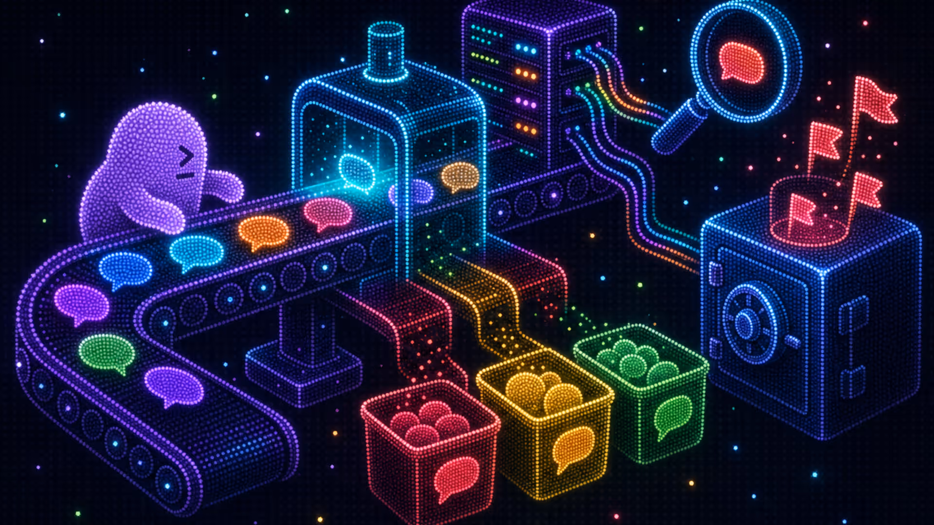 Conveyor moves speech-bubble tokens into a glass scanner that sorts into red, yellow, and green bins; a server rack, magnifying glass, and sealed vault collect