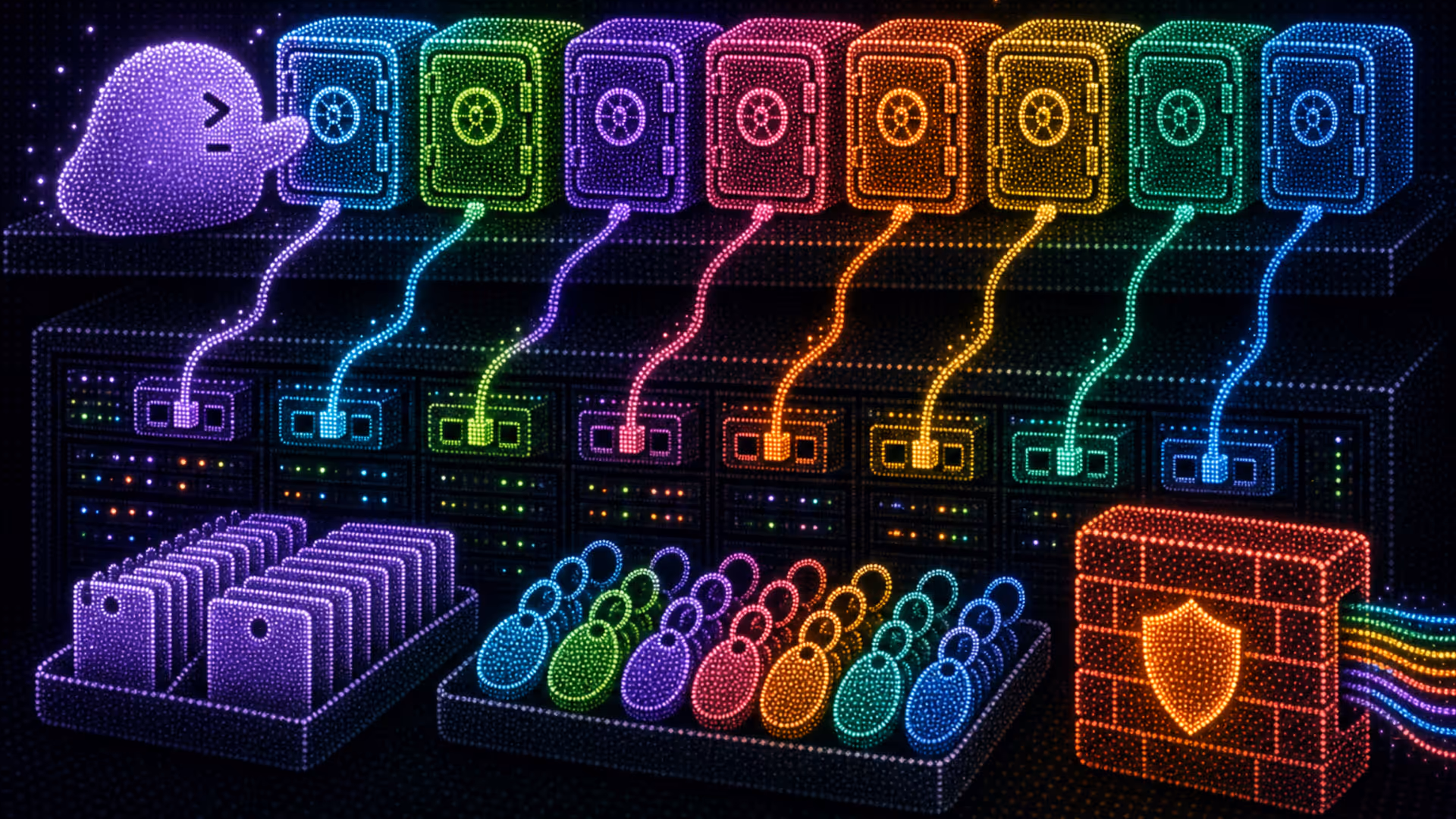 Locked vaults linked by color-coded network conduits to separate routers, with trays of keycards and token fobs beside a hardware firewall.