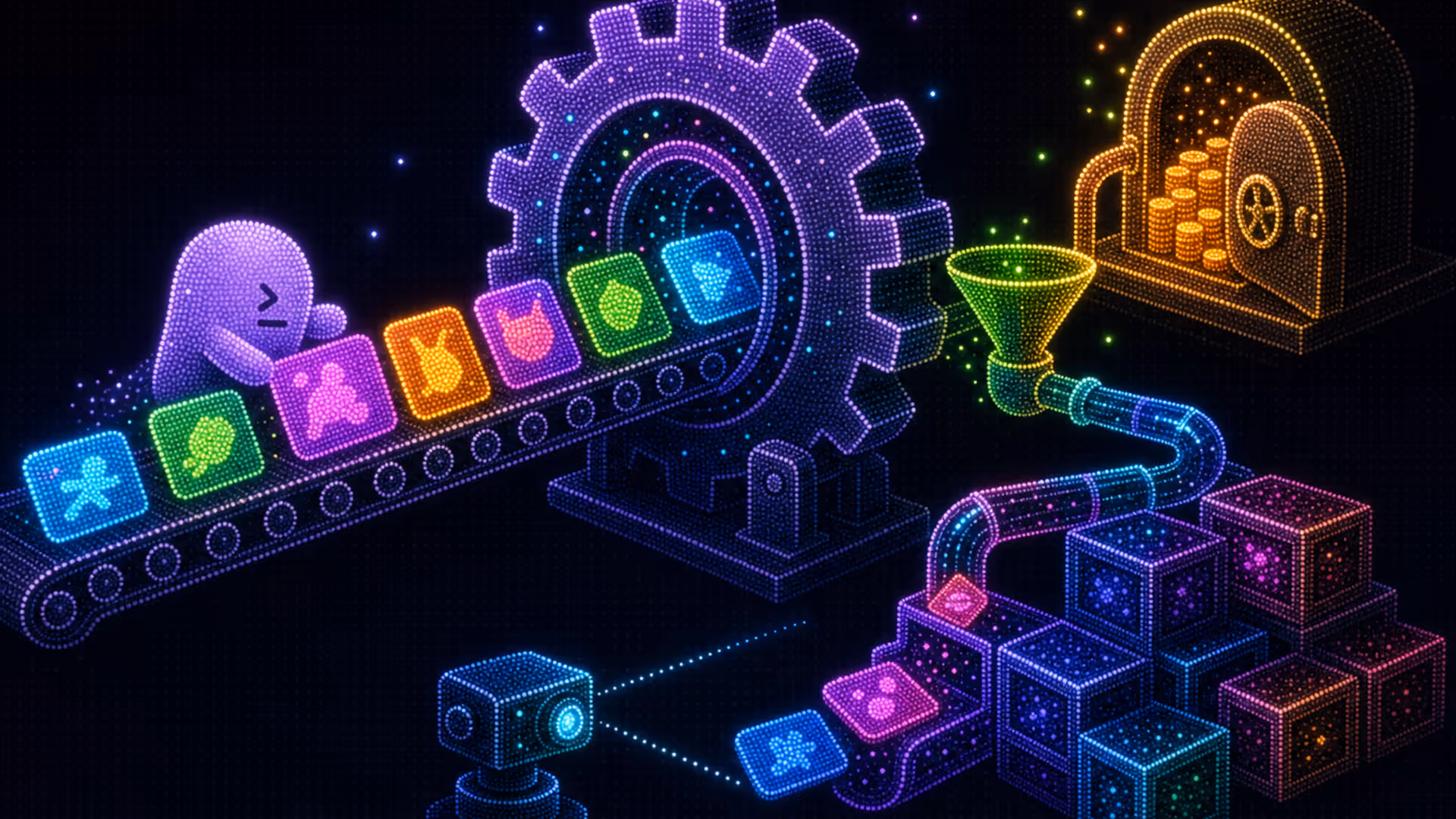Conveyor moves colorful video tiles through a gearwheel scanner; approved tiles flow through a link funnel into a coin vault while diverted tiles go to backup c
