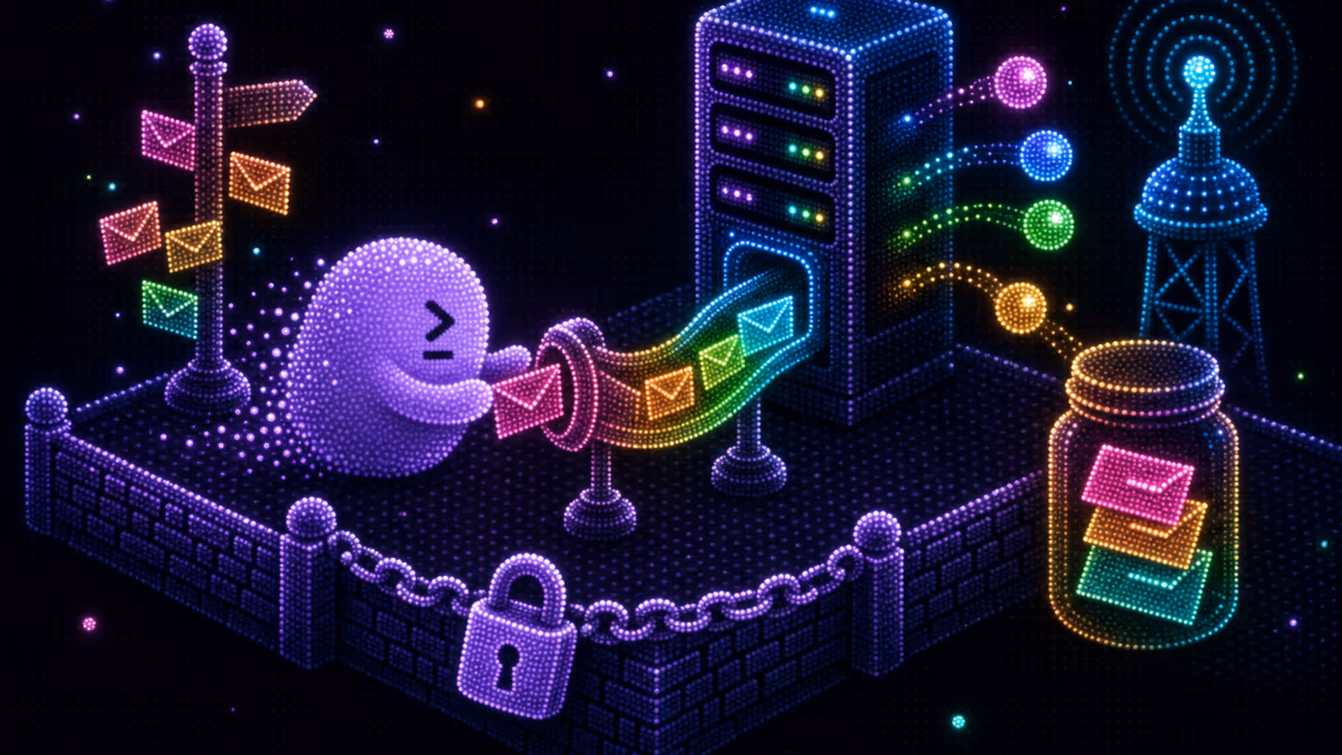Locked platform blocked from tracking; a redirect tube captures click envelopes, routes them to a server rack that sends event tokens to an analytics beacon and